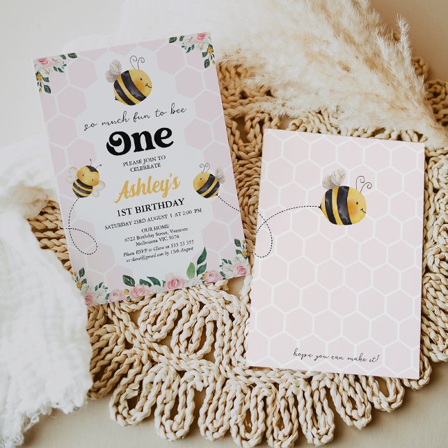 Floral Pink Yellow Fun To Bee One Bee 1st Birthday Invitation (Girls So Fun To Bee One 1st Birthday Invitation Template, Editable Bee First Birthday Invitation,)