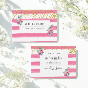 Floral Pink Yellow Gold Glitter Stripes Trendy Business Card