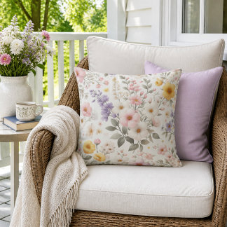 Floral Pink Yellow Lilac Wildflowers Cushion