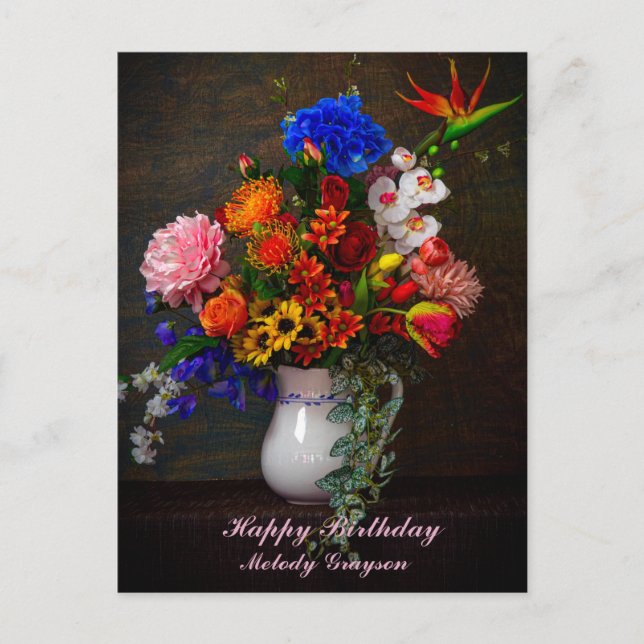  Floral Pitcher Still Life Personalised Birthday Postcard (Front)