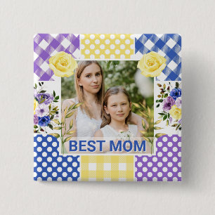 Floral & Plaid Photo Frame Mother's Day 15 Cm Square Badge