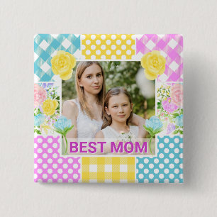 Floral & Plaid Photo Frame Mother's Day 15 Cm Square Badge