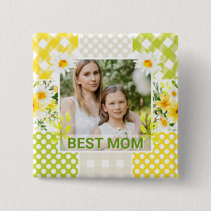 Floral & Plaid Photo Frame Mother's Day 15 Cm Square Badge