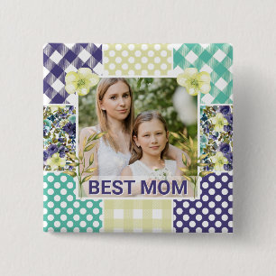 Floral & Plaid Photo Frame Mother's Day 15 Cm Square Badge