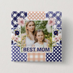 Floral & Plaid Photo Frame Mother's Day 15 Cm Square Badge