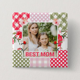 Floral & Plaid Photo Frame Mother's Day 15 Cm Square Badge
