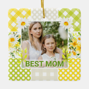 Floral & Plaid Photo Frame Mother's Day Ceramic Ornament