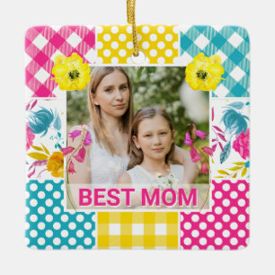Floral & Plaid Photo Frame Mother's Day Ceramic Ornament