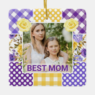 Floral & Plaid Photo Frame Mother's Day Ceramic Ornament