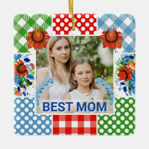 Floral & Plaid Photo Frame Mother's Day Ceramic Ornament