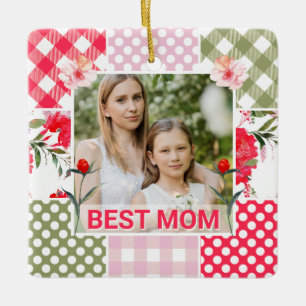 Floral & Plaid Photo Frame Mother's Day Ceramic Ornament