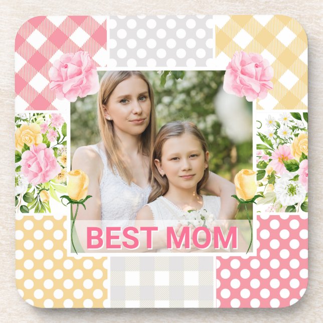 Floral & Plaid Photo Frame Mother's Day Coaster (Front)