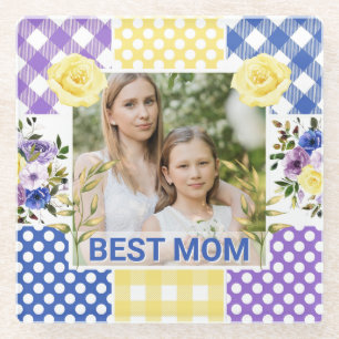 Floral & Plaid Photo Frame Mother's Day Glass Coaster