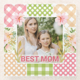 Floral & Plaid Photo Frame Mother's Day Glass Coaster