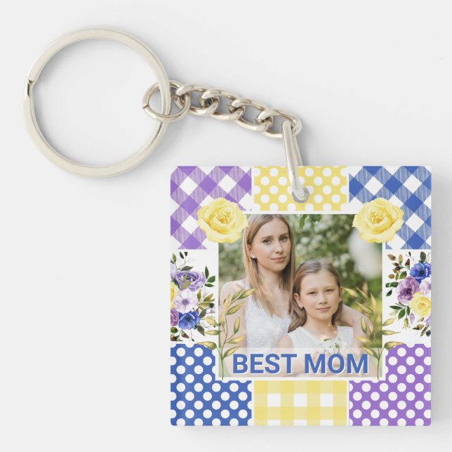 Floral & Plaid Photo Frame Mother's Day Key Ring (Front)