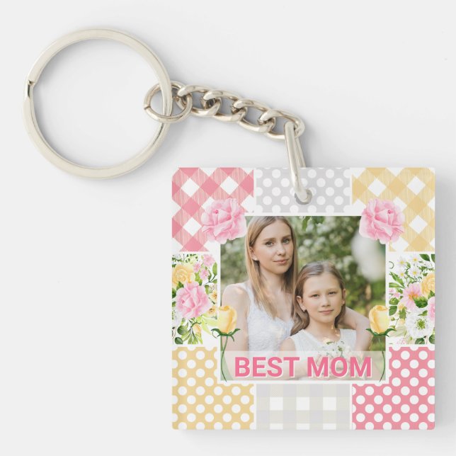 Floral & Plaid Photo Frame Mother's Day Key Ring (Front)