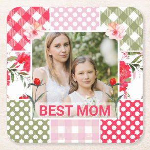 Floral & Plaid Photo Frame Mother's Day Square Paper Coaster