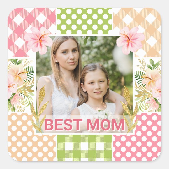 Floral & Plaid Photo Frame Mother's Day Square Sticker (Front)