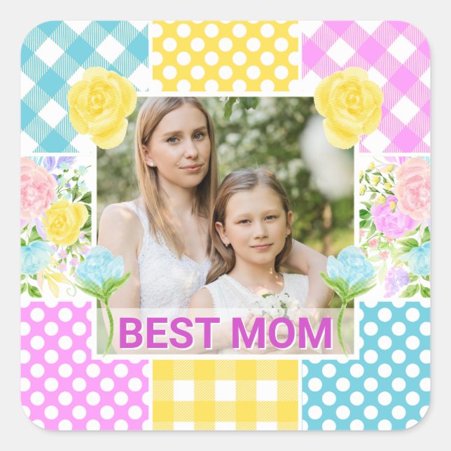 Floral & Plaid Photo Frame Mother's Day Square Sticker (Front)