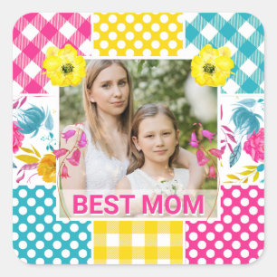 Floral & Plaid Photo Frame Mother's Day Square Sticker