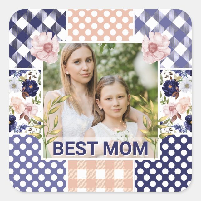 Floral & Plaid Photo Frame Mother's Day Square Sticker (Front)