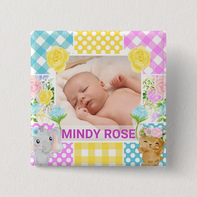 Floral & Plaid Photo Frame Newborn Baby 15 Cm Square Badge (Front)