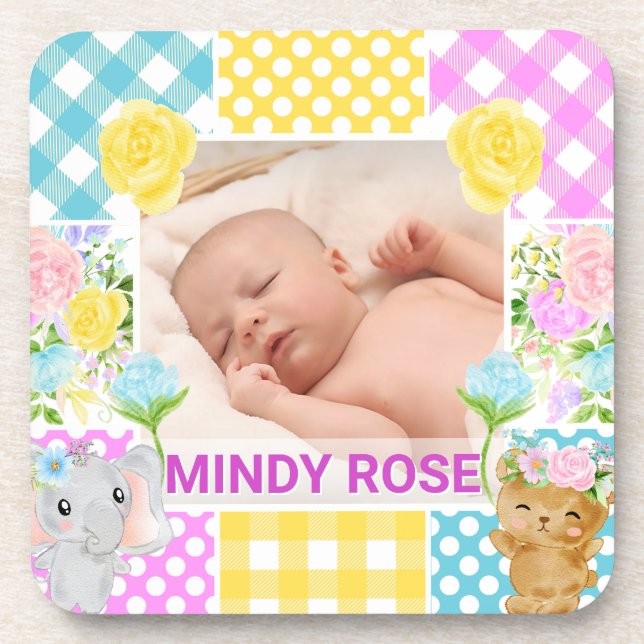 Floral & Plaid Photo Frame Newborn Baby Coaster (Front)
