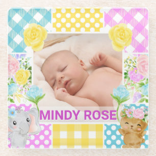 Floral & Plaid Photo Frame Newborn Baby Glass Coaster