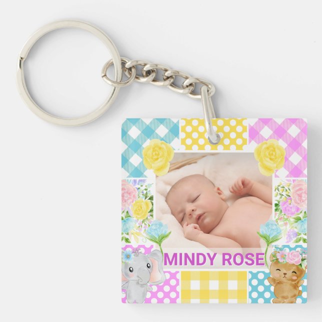 Floral & Plaid Photo Frame Newborn Baby Key Ring (Front)