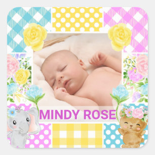 Floral & Plaid Photo Frame Newborn Baby Square Sticker