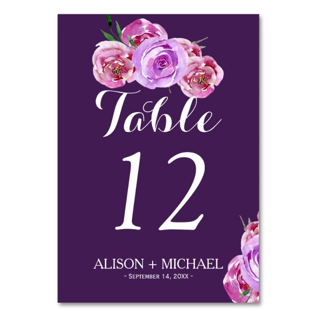 Floral plum blush violet fall wedding guest table number (Front)