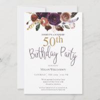 Floral Plum Gold Surprise 50th Birthday Party