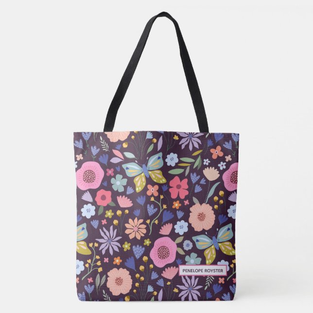 Floral & Plum Name Tote Bag (Front)