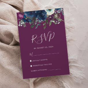 Floral Plum Navy Blue Watercolor Wedding RSVP Card