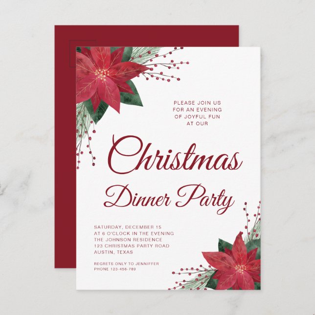 Floral Poinsettia Christmas Dinner Invitation Postcard (Front/Back)