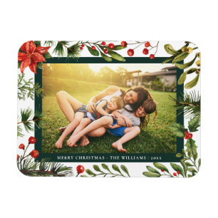 Floral Poinsettia Family Photo Christmas Magnet