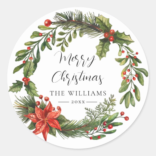 Floral Poinsettia Greenery Family Christmas Classic Round Sticker (Front)