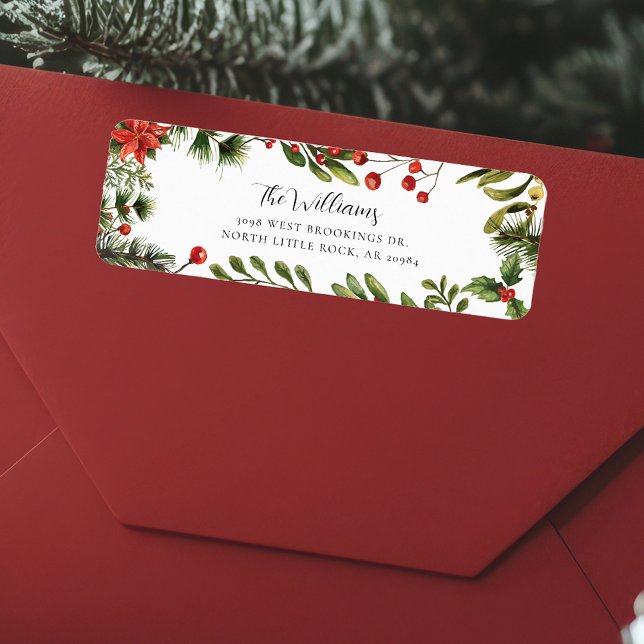 Floral Poinsettia Greenery Family Return Address (Christmas Holidays Botanical Red Berries Script Return Address Label)
