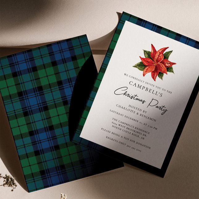 Floral Poinsettia Plaid Christmas Campbell Tartan Invitation (Plaid Floral Poinsettia Campbell Tartan Christmas Party Invitation)