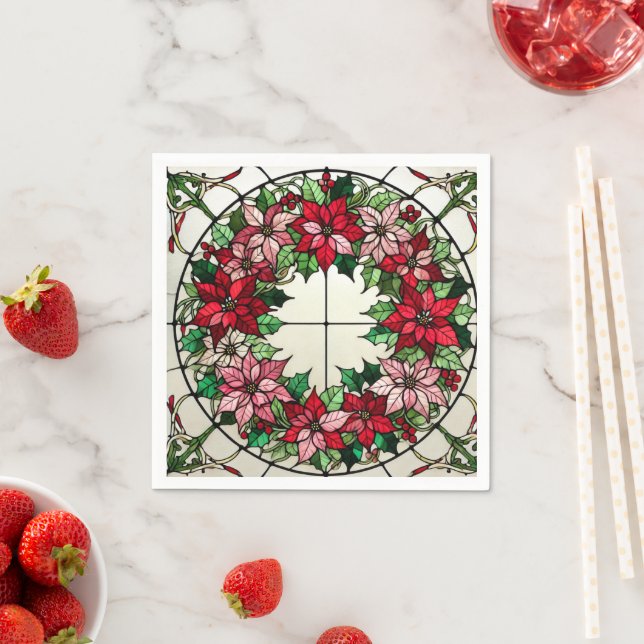 Floral Poinsettia Wreath Stained Glass Decoupage Napkin (Insitu)