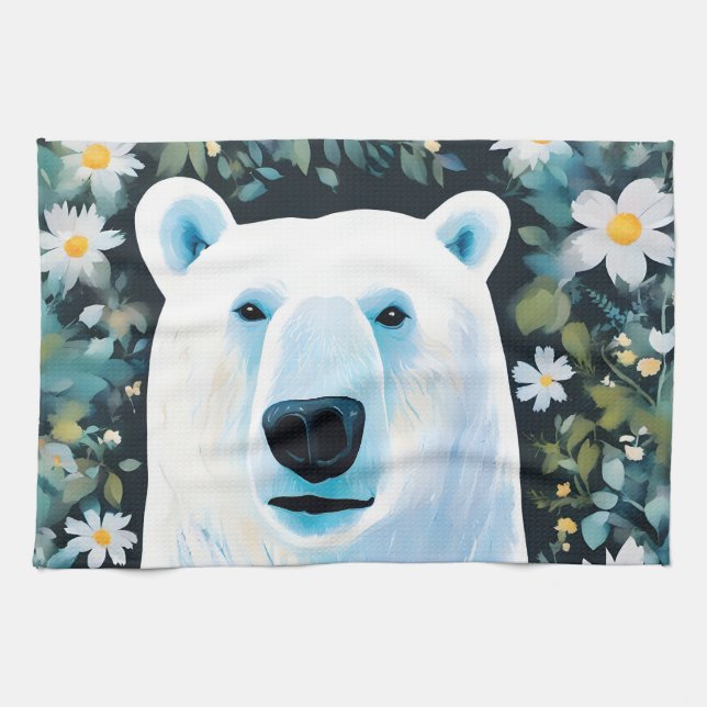 Floral Polar Bear Tea Towel (Horizontal)
