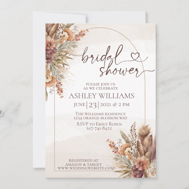 floral Pompas grass boho bridal shower Invitation (Front)