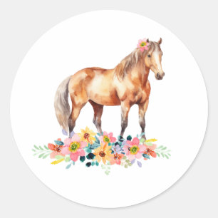 Floral Pony Birthday Party Watercolor Classic Round Sticker