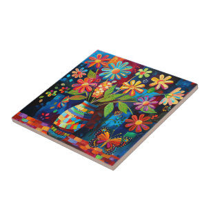 Floral Pop Art Ceramic Tile