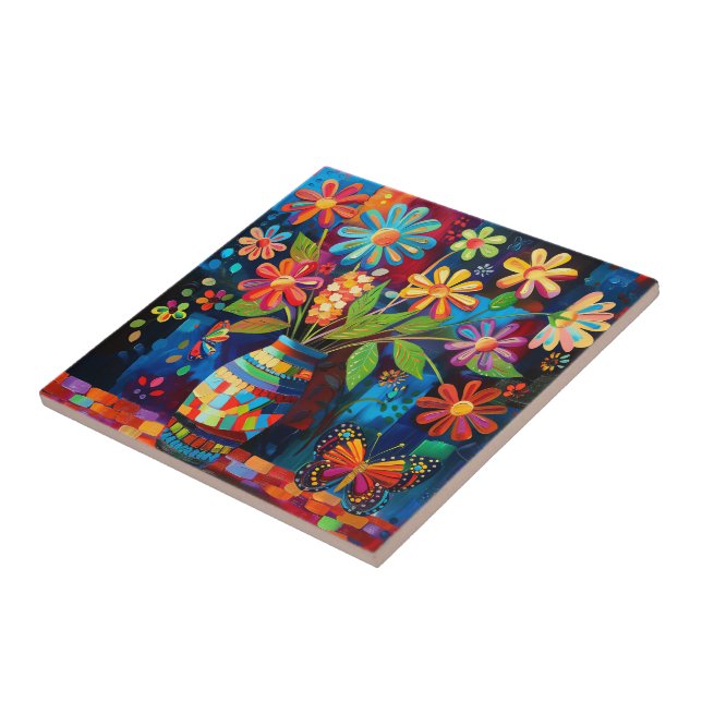 Floral Pop Art Ceramic Tile (Side)