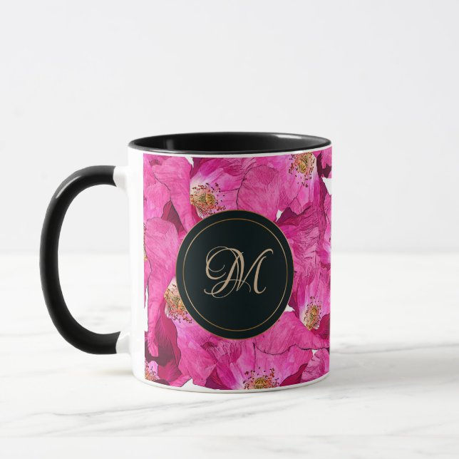 Floral poppies pink pattern.Monogram. Mug (Left)