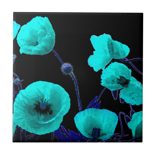 Floral Poppy Flowers Turquoise Blue Abstract Artsy Tile (Front)