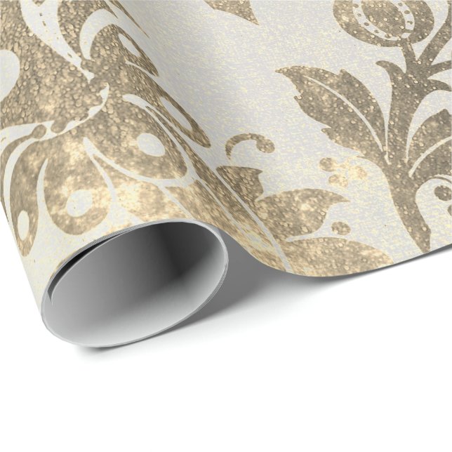 Floral Powder Grungy Damask Sepia Champagne Gold Wrapping Paper (Roll Corner)