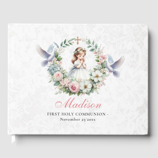 Floral Praying Girl First Holly Communion Guest Book (Front)