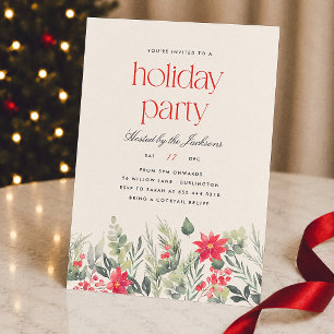 Floral Preppy Red Stripe Holiday Christmas Party Invitation